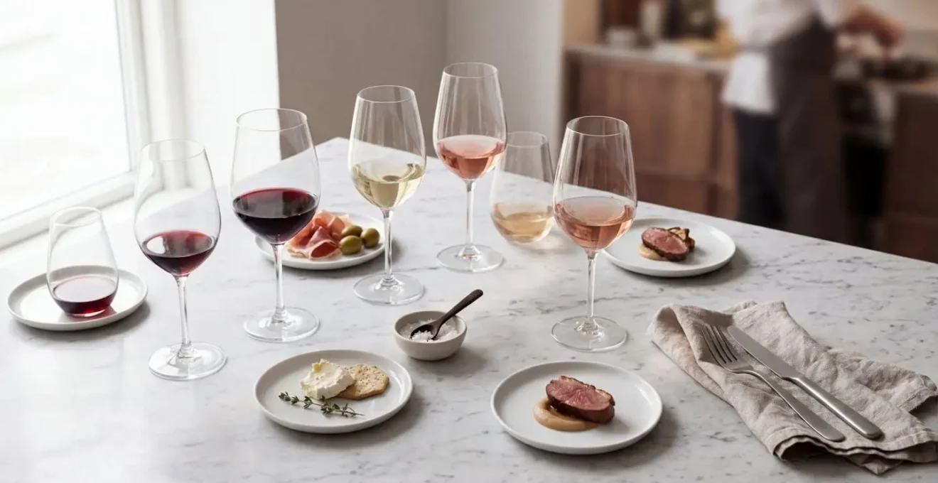 Tavola elegante con calici di vino e piatti gourmet per degustazione