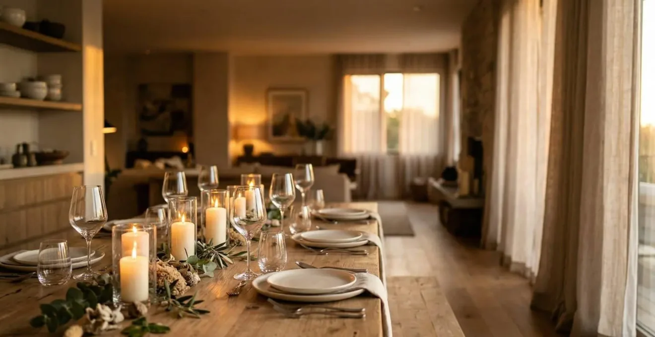 Tavola apparecchiata elegante con candele accese che creano atmosfera intima