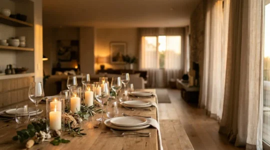 Tavola apparecchiata elegante con candele accese che creano atmosfera intima