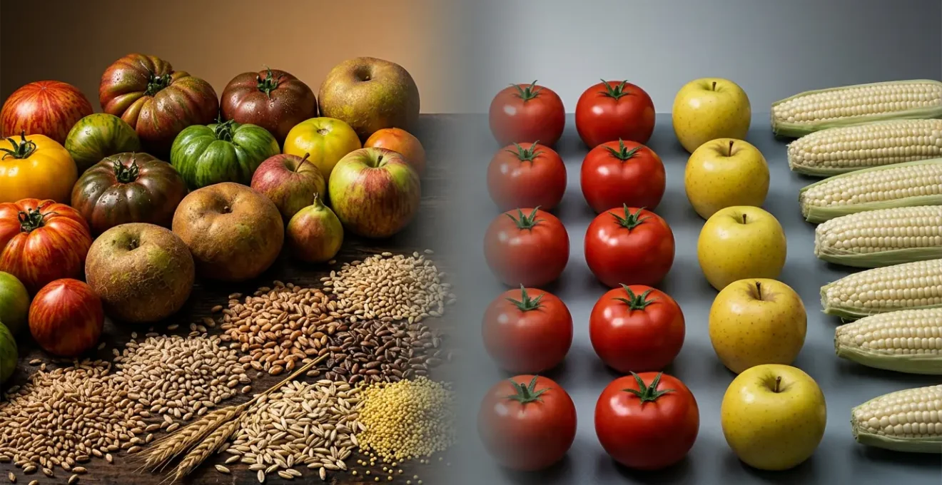 Composizione artistica con varietà di mele antiche e moderne per illustrare la perdita di biodiversità nel cibo