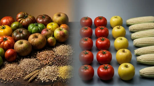 Composizione artistica con varietà di mele antiche e moderne per illustrare la perdita di biodiversità nel cibo