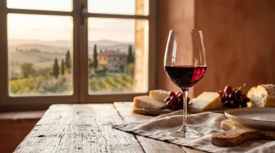 Calice di vino rosso su tavola con cibo italiano in luce dorata