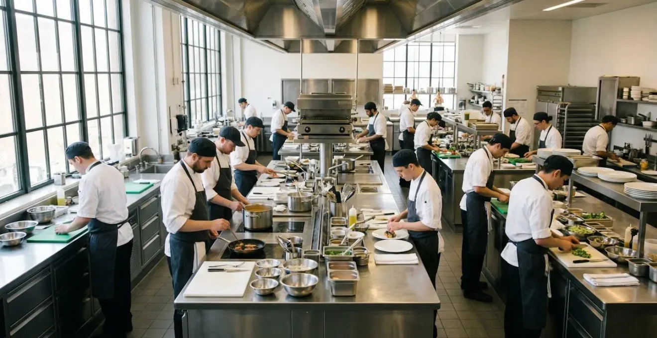 Chef stellati in brigata organizzano mise en place in cucina professionale