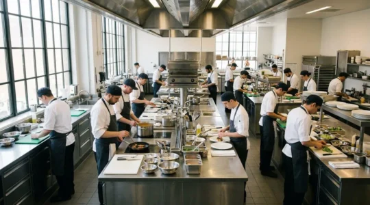 Chef stellati in brigata organizzano mise en place in cucina professionale