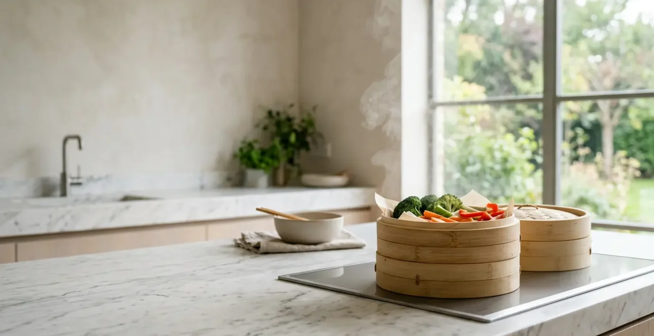 Verdure colorate che cuociono delicatamente al vapore in una pentola con cestello