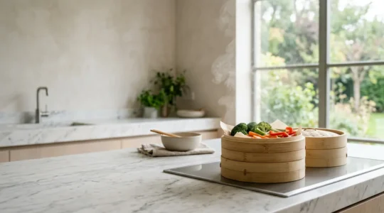 Verdure colorate che cuociono delicatamente al vapore in una pentola con cestello