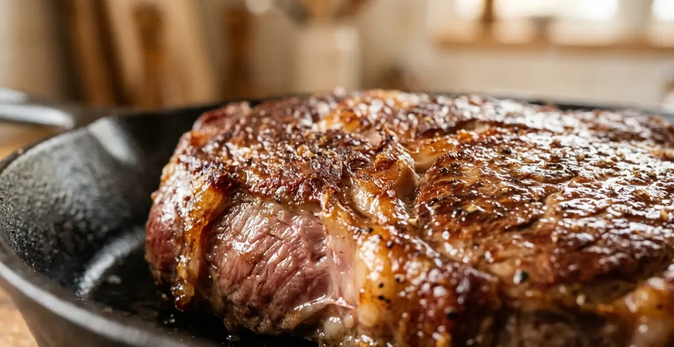 Dettaglio macro di una bistecca con crosticina dorata caramellata