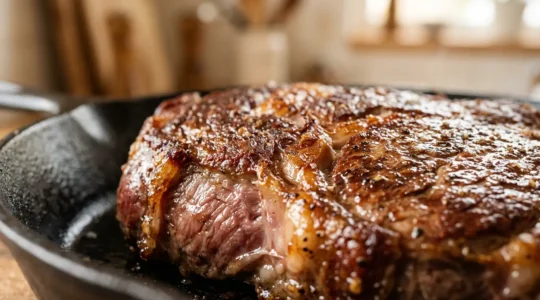 Dettaglio macro di una bistecca con crosticina dorata caramellata