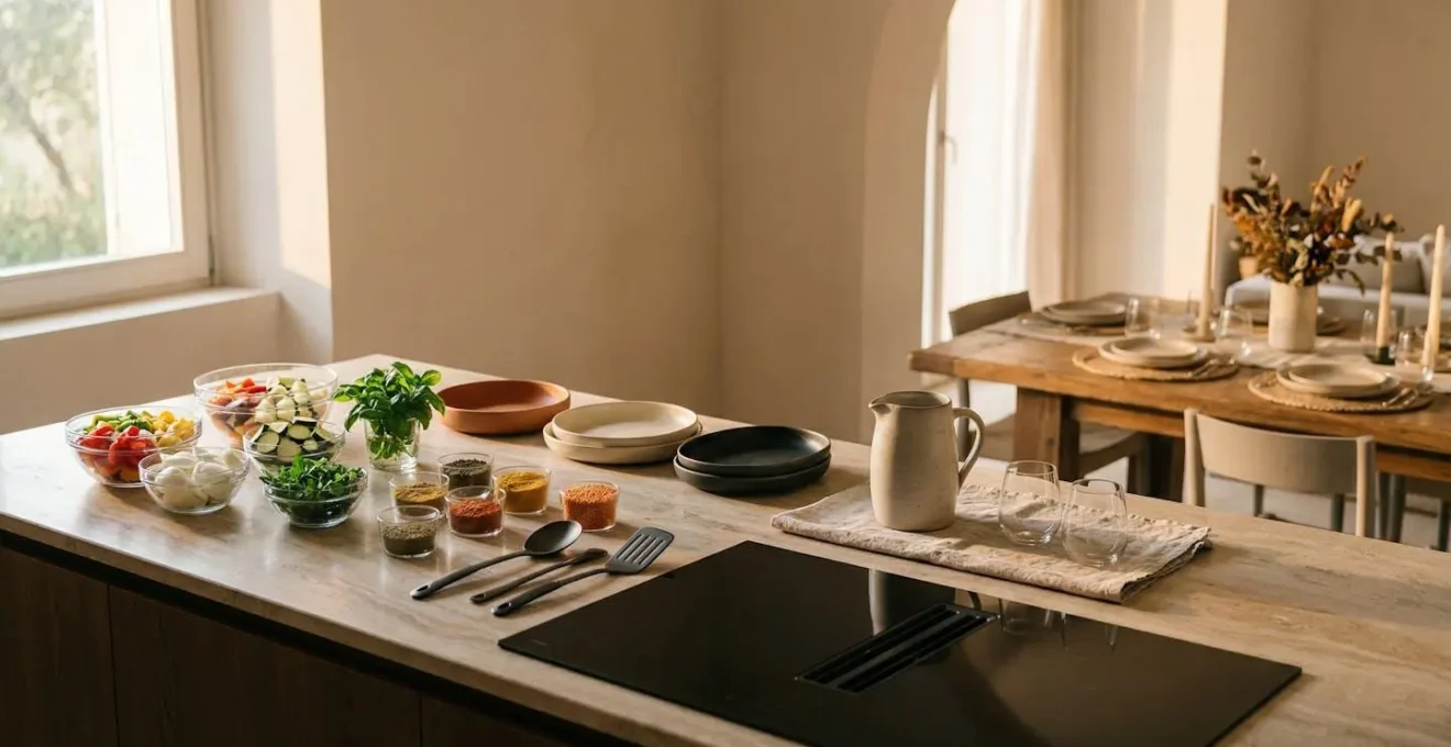Cucina moderna organizzata con ingredienti preparati in anticipo e mise en place per una cena con ospiti