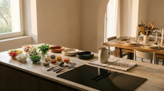 Cucina moderna organizzata con ingredienti preparati in anticipo e mise en place per una cena con ospiti
