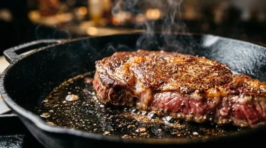 Primo piano ravvicinato di una padella in ghisa con bistecca che sfrigola mostrando la reazione di Maillard in azione