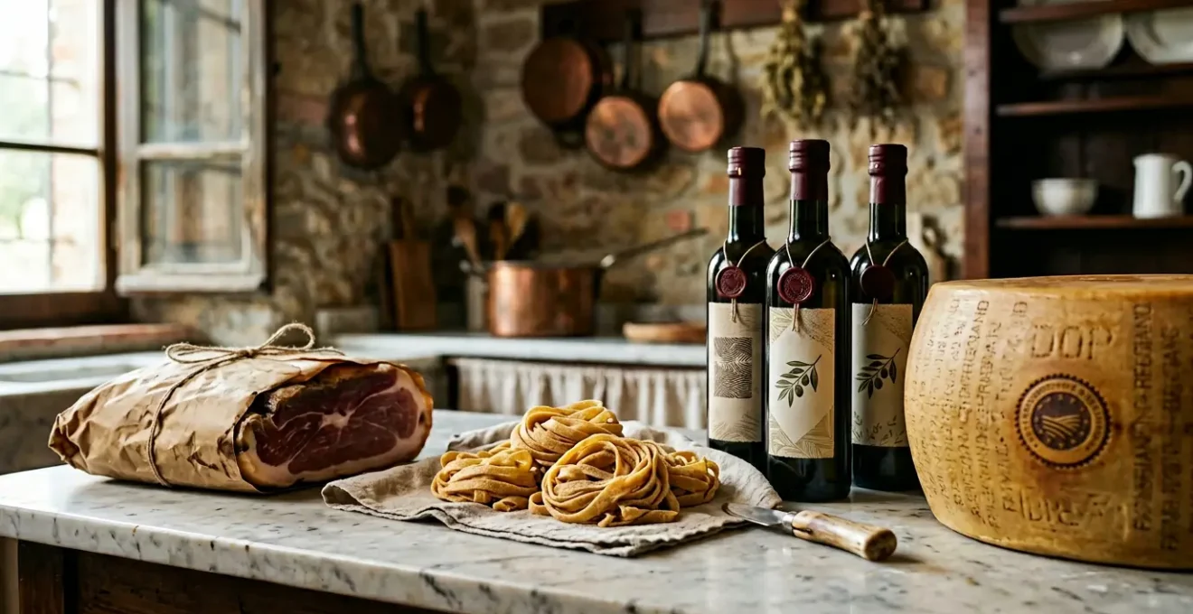 Selezione di prodotti alimentari italiani autentici con dettagli di certificazione