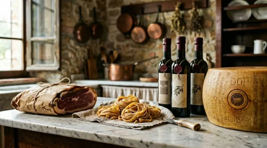 Selezione di prodotti alimentari italiani autentici con dettagli di certificazione