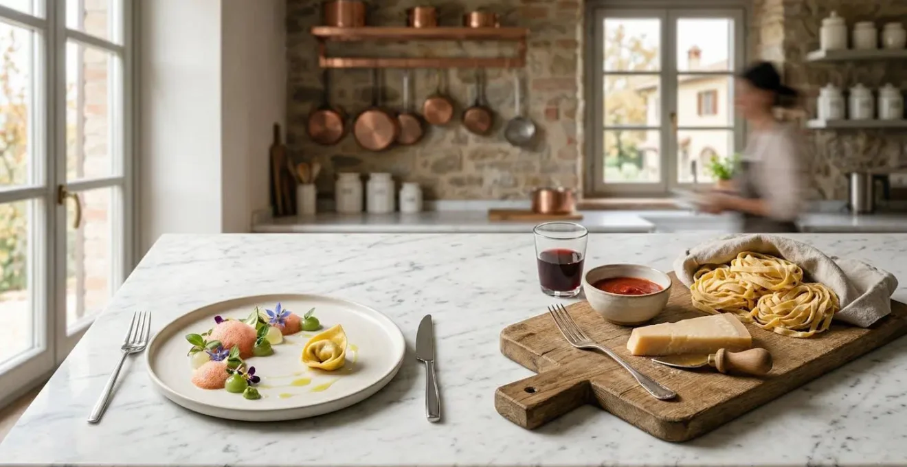 Tavola elegante che unisce elementi moderni e tradizionali della cucina italiana