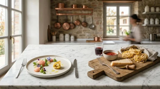 Tavola elegante che unisce elementi moderni e tradizionali della cucina italiana