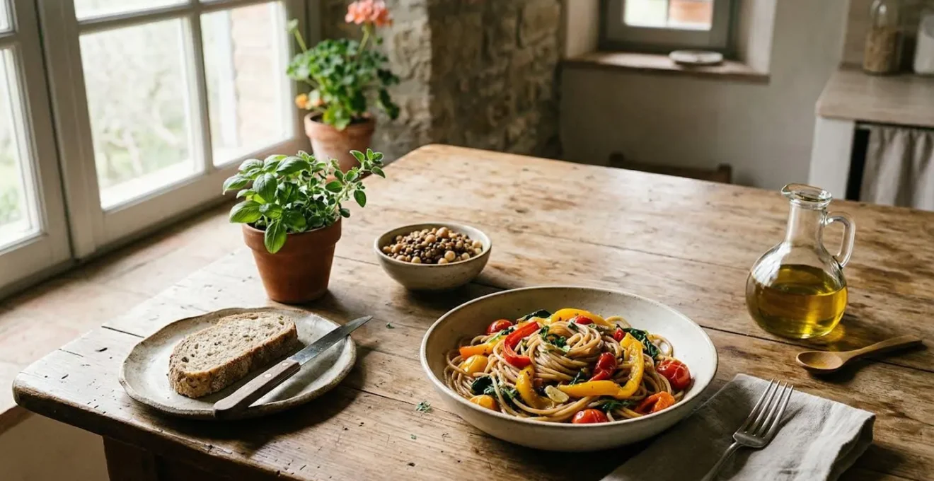Tavola italiana bilanciata con pasta al dente, verdure colorate e olio extra vergine di oliva in un ambiente cucina mediterraneo luminoso
