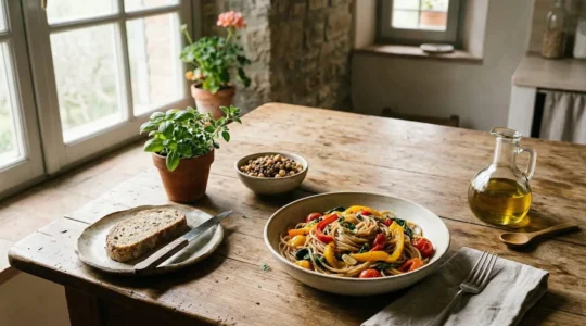 Tavola italiana bilanciata con pasta al dente, verdure colorate e olio extra vergine di oliva in un ambiente cucina mediterraneo luminoso