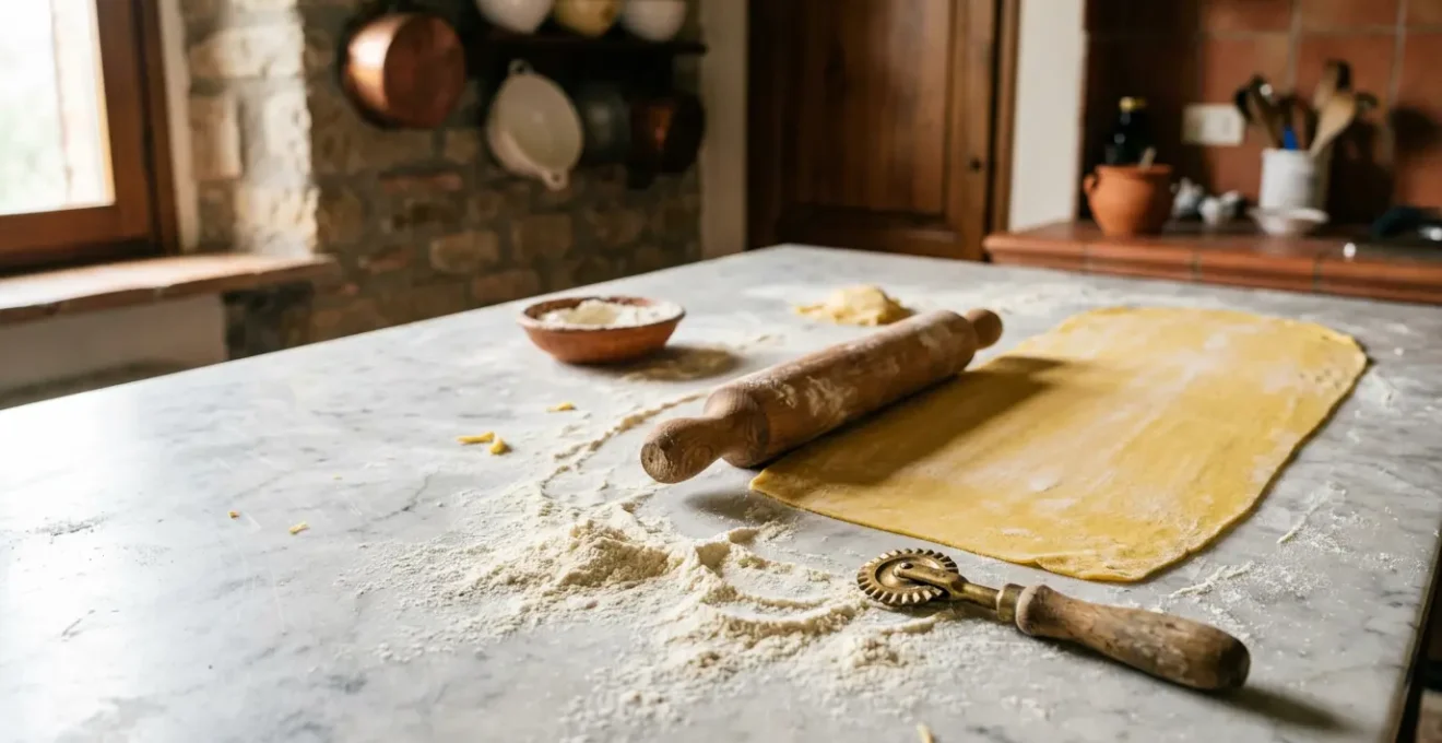 Preparazione di pasta fresca italiana con ingredienti tradizionali e tecniche professionali