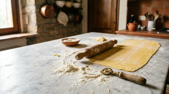Preparazione di pasta fresca italiana con ingredienti tradizionali e tecniche professionali