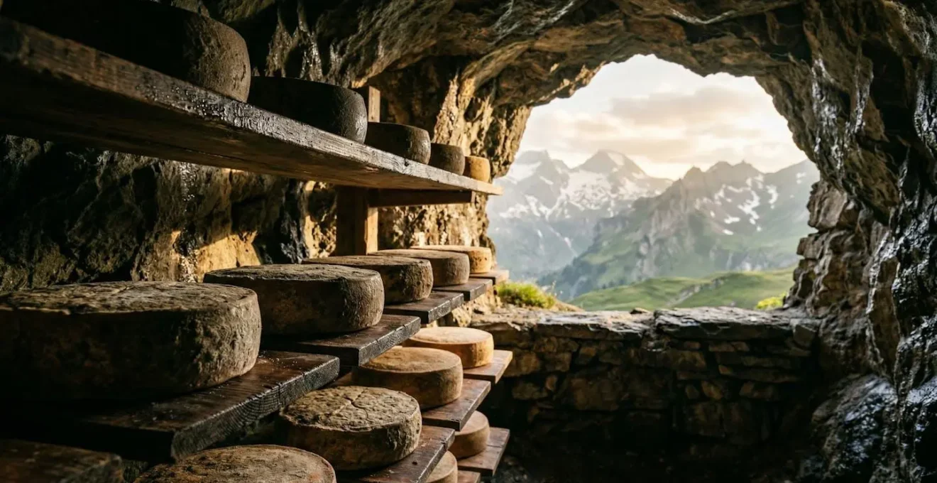 Forme di formaggio stagionato d'alpeggio con paesaggio montano al tramonto