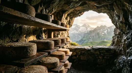 Forme di formaggio stagionato d'alpeggio con paesaggio montano al tramonto