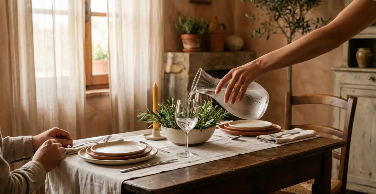 Tavola italiana elegante con dettagli raffinati che esprimono accoglienza e benessere degli ospiti