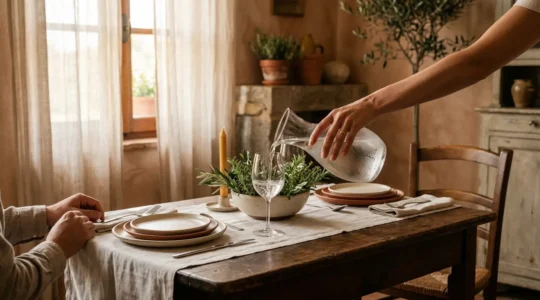 Tavola italiana elegante con dettagli raffinati che esprimono accoglienza e benessere degli ospiti