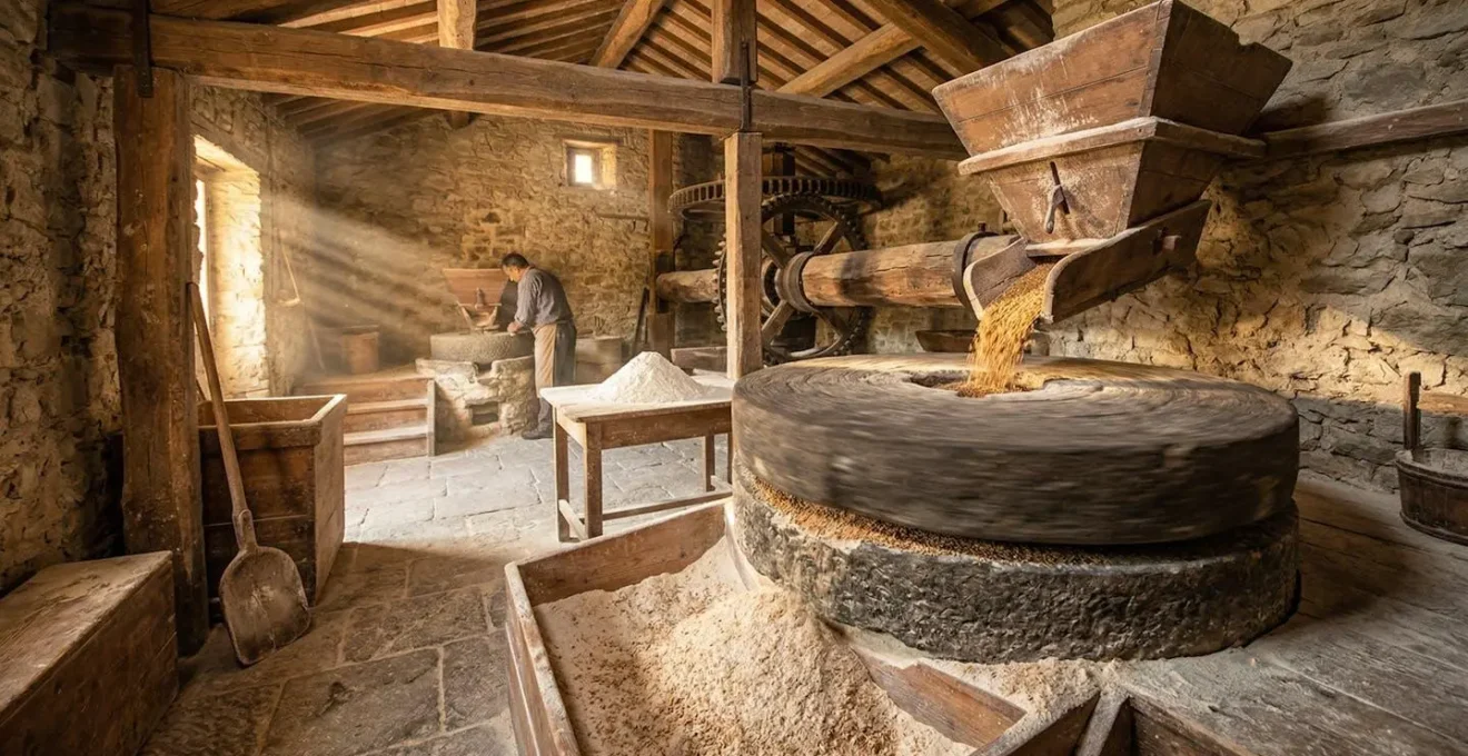 Mulino a pietra tradizionale con chicchi di grano dorati e farina integrale appena macinata che mostra texture e germe visibile