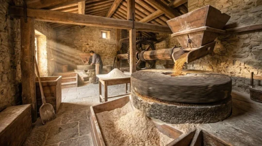 Mulino a pietra tradizionale con chicchi di grano dorati e farina integrale appena macinata che mostra texture e germe visibile