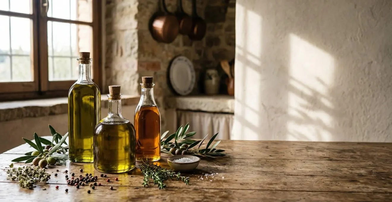 Diverse bottiglie di olio extravergine monocultivar italiano disposte elegantemente su un tavolo di legno rustico con olive fresche e spezie