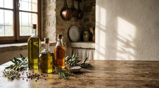 Diverse bottiglie di olio extravergine monocultivar italiano disposte elegantemente su un tavolo di legno rustico con olive fresche e spezie