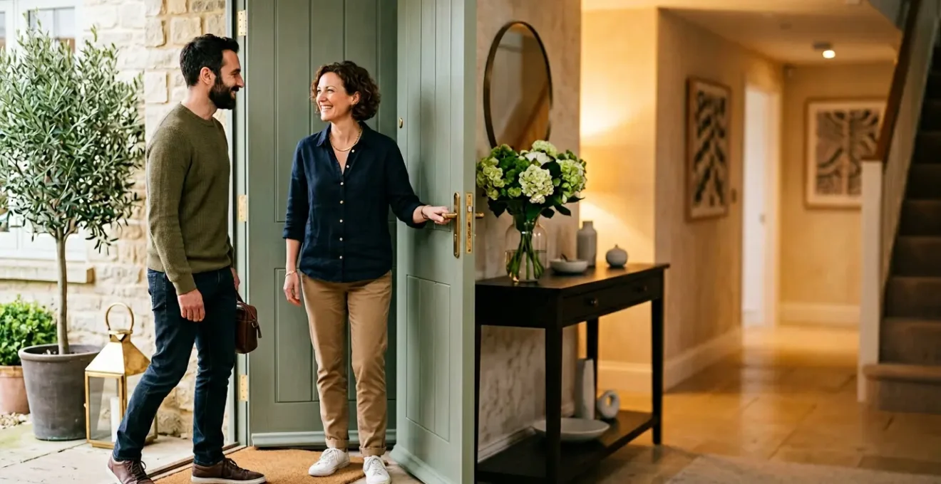 Padrone di casa che accoglie calorosamente un ospite alla porta di ingresso con un sorriso genuino