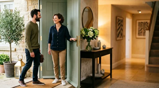 Padrone di casa che accoglie calorosamente un ospite alla porta di ingresso con un sorriso genuino