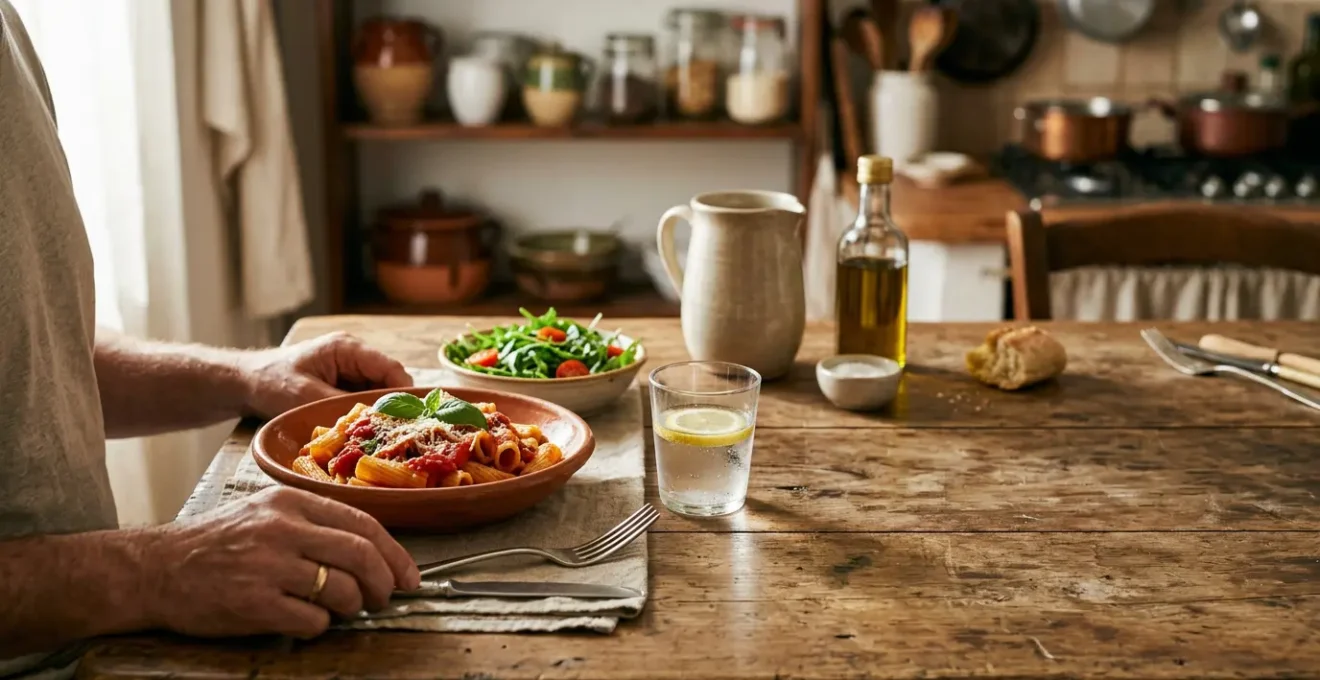 Tavola italiana con pasta e verdure, mani che posano le posate per godersi il momento presente