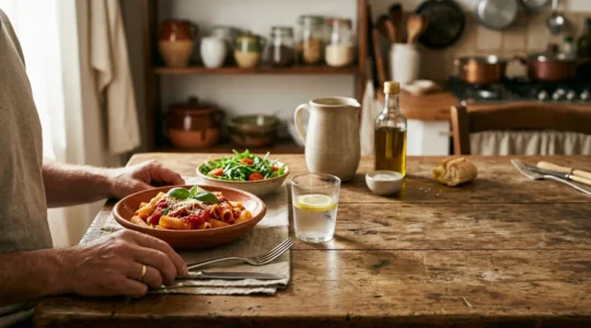 Tavola italiana con pasta e verdure, mani che posano le posate per godersi il momento presente