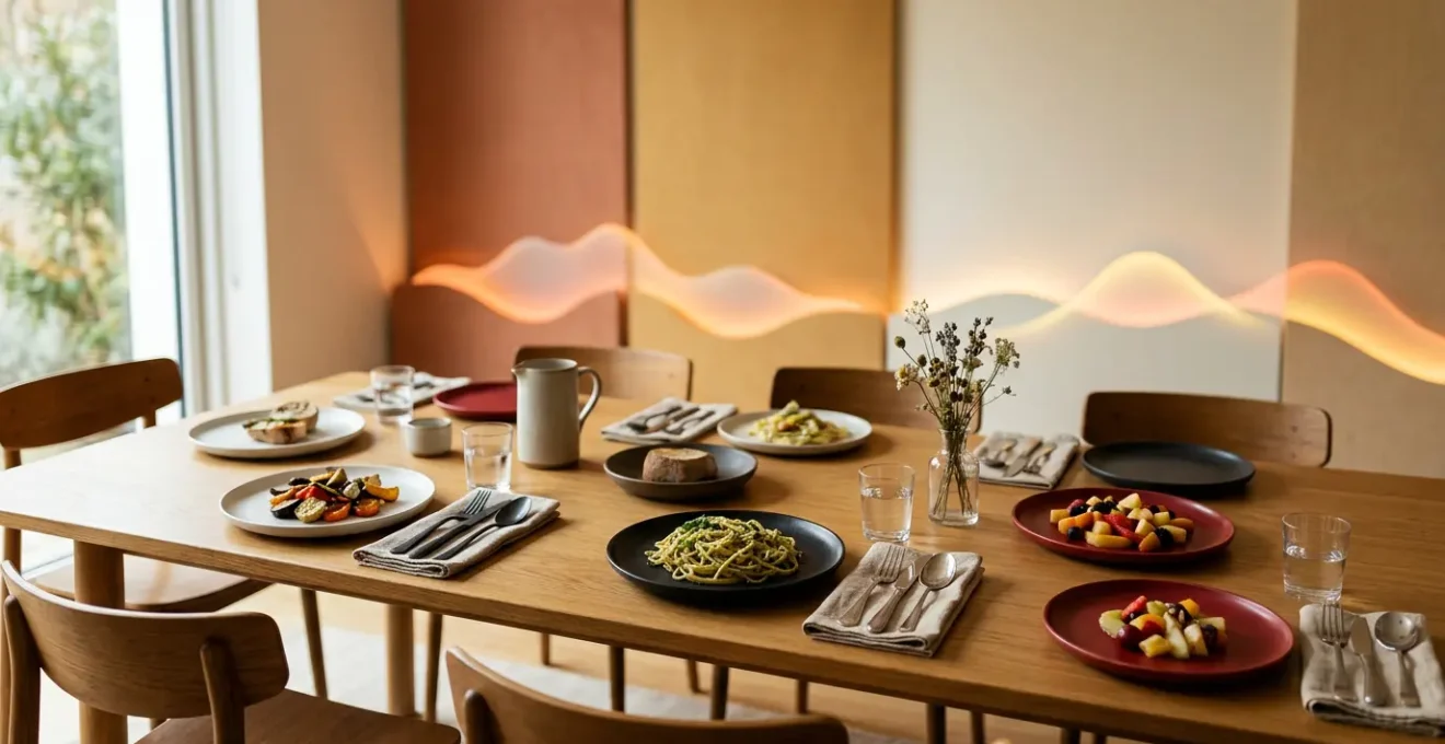 Tavola elegante con piatti di diversi colori, posate di varie forme e onde sonore colorate che avvolgono il cibo