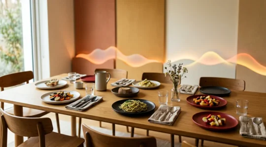 Tavola elegante con piatti di diversi colori, posate di varie forme e onde sonore colorate che avvolgono il cibo