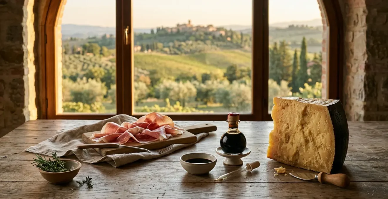 Composizione di prodotti DOP italiani su tavolo rustico con paesaggio collinare sullo sfondo