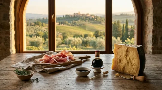 Composizione di prodotti DOP italiani su tavolo rustico con paesaggio collinare sullo sfondo