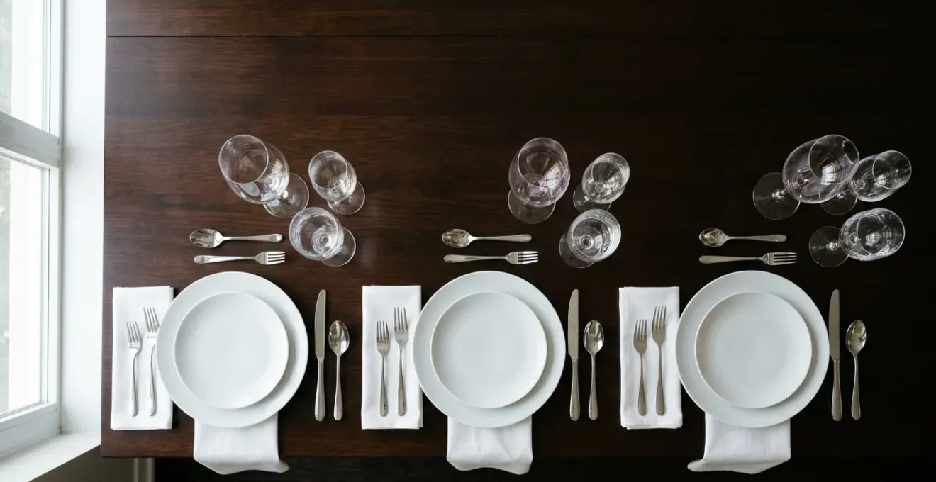 Tavola elegante apparecchiata con posate disposte correttamente e bicchieri in ordine geometrico