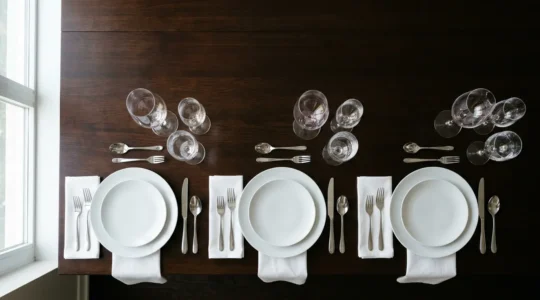 Tavola elegante apparecchiata con posate disposte correttamente e bicchieri in ordine geometrico