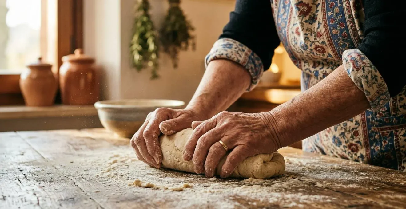 Mani di nonna che impastano la pasta fresca su un tavolo di legno rustico