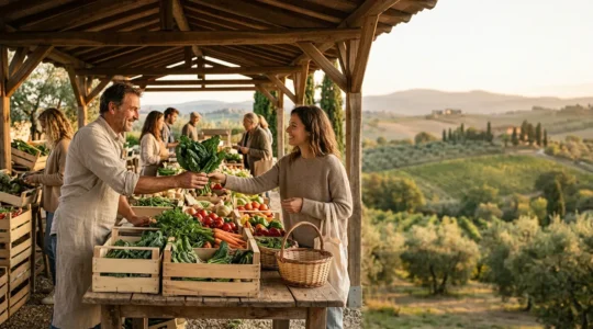 Scena di mercato contadino con produttori locali e acquirenti in interazione diretta