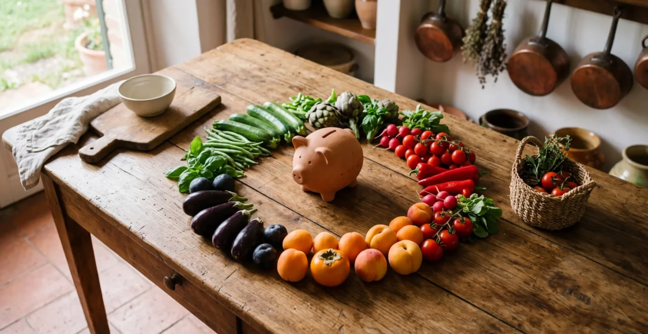 Calendario stagionale con frutta e verdura disposti in cerchio attorno a un salvadanaio, ambiente cucina italiana luminosa