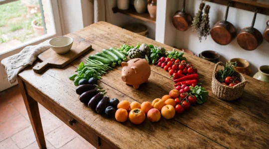 Calendario stagionale con frutta e verdura disposti in cerchio attorno a un salvadanaio, ambiente cucina italiana luminosa