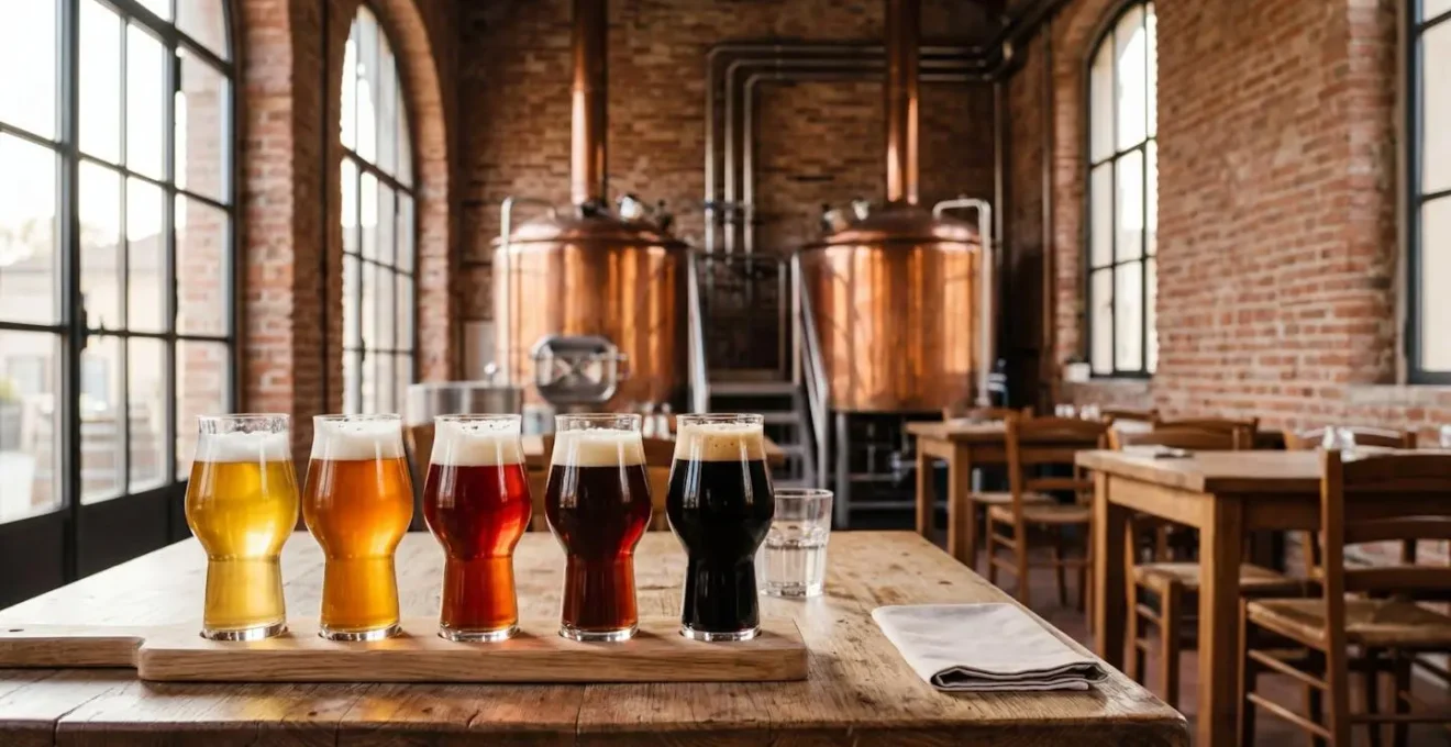 Composizione artistica di birre artigianali italiane con diverse tonalità dal dorato all'ambrato al nero