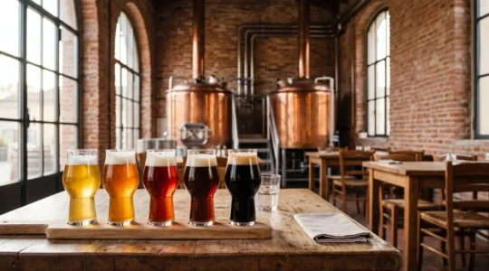 Composizione artistica di birre artigianali italiane con diverse tonalità dal dorato all'ambrato al nero