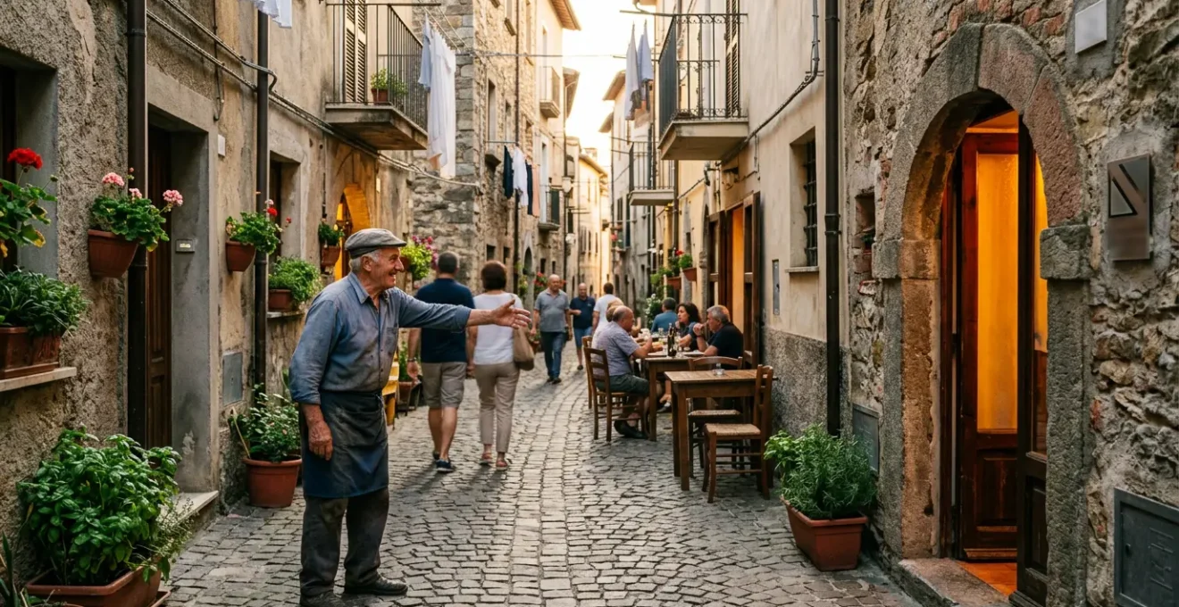 Un vicolo caratteristico italiano con trattoria nascosta e persone locali che condividono consigli