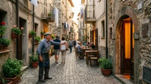 Un vicolo caratteristico italiano con trattoria nascosta e persone locali che condividono consigli