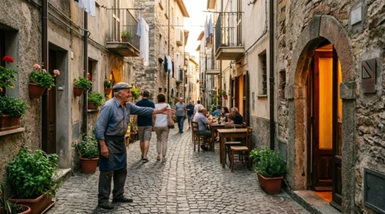Un vicolo caratteristico italiano con trattoria nascosta e persone locali che condividono consigli